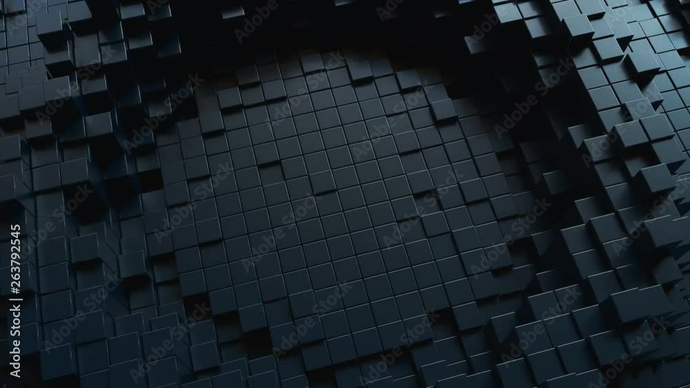 Poster abstract background with black moving cubic surface. geometric concept with random boxes or columns.