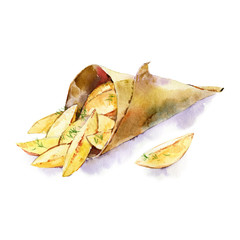 Fototapeta premium Baked Potato watercolor illustration isolated on white background. Homemade organic vegan snack. Potato chips in the craft bag. Eco friendly fast food.