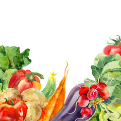 Watercolor painted collection of vegetables. Fresh colorful veggies background
