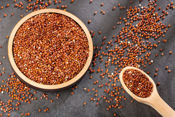 Red seeds of organic quinoa - Chenopodium quinoa. Top view