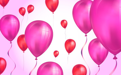 Glossy pink color Flying helium Balloons backdrop with blur effect. Wedding, Birthday and Anniversary Background. Vector illustration for invitation card, party brochure, banner