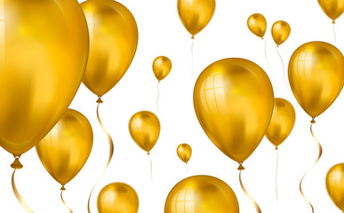 Glossy gold Flying helium Balloons backdrop with blur effect. Wedding, Birthday and Anniversary Background. Vector illustration for invitation card, party brochure, banner