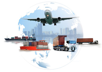 Fototapeta na wymiar The world logistics , there are world map with logistic network distribution on background and Logistics Industrial Container Cargo freight ship for Concept of fast or instant shipping
