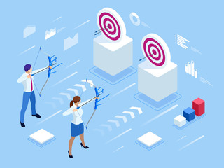 Fototapeta na wymiar Isometric Businessman and Businesswoman shooting a bow and arrow. Success. Arrow hit the center of the target. Business target achievement concept.