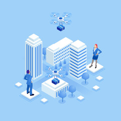 Isometric delivery drone with the cardboard box flying over the town. Quadcopter flying over a city and carrying a package to the customer. © Golden Sikorka