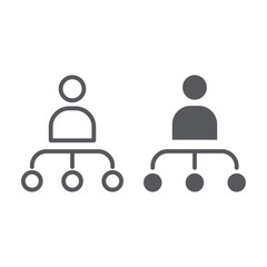 Person and chart line and glyph icon, worker and diagram, structure sign, vector graphics, a linear pattern on a white background.