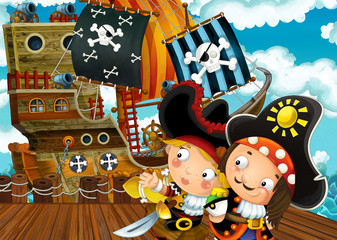 cartoon scene with pirate sailing ship docking - illustration for children