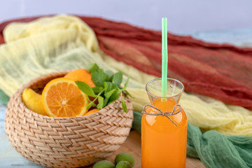 Fresh orange juice in the glass jar