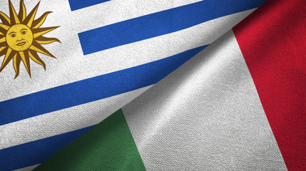 Uruguay and Italy two flags textile cloth, fabric texture