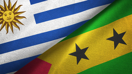 Uruguay and Sao Tome and Principe two flags textile cloth, fabric texture