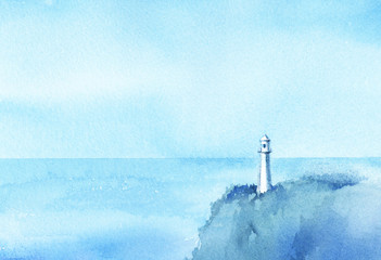 空　海　灯台　地平線　水彩画