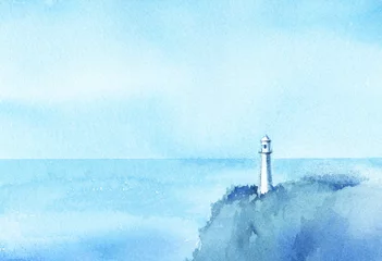 Fotobehang 空　海　灯台　地平線　水彩画 © miko