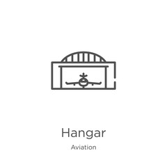 hangar icon vector from aviation collection. Thin line hangar outline icon vector illustration. Outline, thin line hangar icon for website design and mobile, app development. - obrazy, fototapety, plakaty