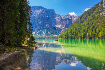 Naklejka na ściany i meble Lago di Braies , Lake in the Dolomites ,Italy 