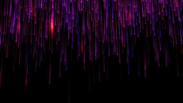 4K Animation of falling bright particles. Particle rain. Flying blue lights. Shimmering glitters. Festive violet motion background. Black isolated. 3840x2160