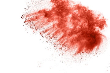 living coral color powder explosion on white background. Colored cloud. Colorful dust explode. Paint Holi.