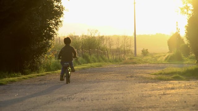 child rides by bike in freedom in a beautiful light at sunset in the countryside