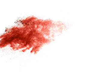 living coral color powder explosion on white background. Colored cloud. Colorful dust explode. Paint Holi.