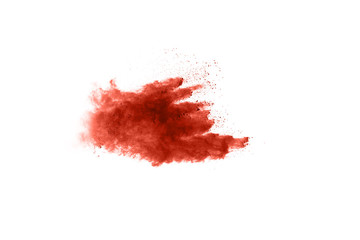 living coral color powder explosion on white background. Colored cloud. Colorful dust explode. Paint Holi.