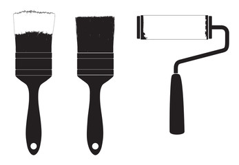 Silhouette of  brush for paint and roller for paint.