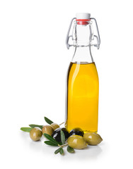 Bottle of tasty olive oil on white background