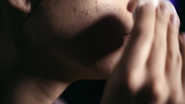 Cleaning Acne Face - Close up 4k - Side of Face - Profile