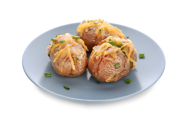 Plate with tasty baked potato on white background
