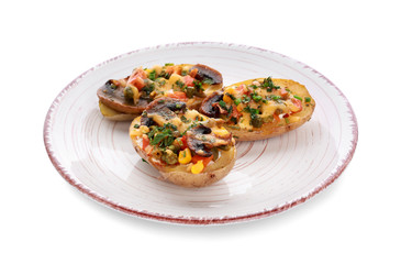 Plate with tasty baked potato on white background