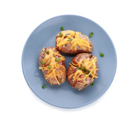 Plate with tasty baked potato on white background