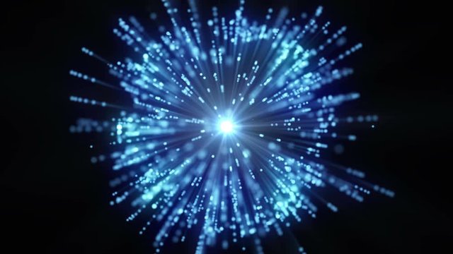 4K Animation of blue explosion. Shockwave burst. Explode glowing particles. Neon blue light rays in center.
