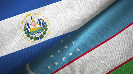 El Salvador and Uzbekistan two flags textile cloth, fabric texture