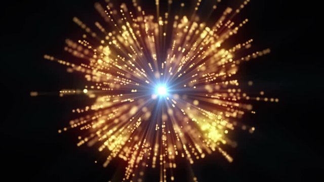4K Animation of explosion. Shockwave burst. Explode glowing particles. Neon blue light rays in center.