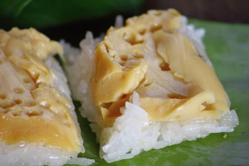 Sticky rice with steamed custard in thai food