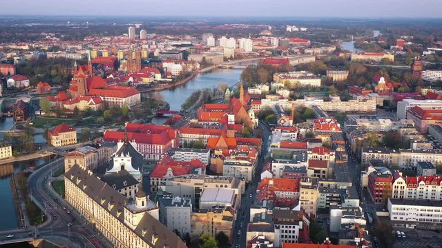 Aerial view of the historic city center and the Odra River. Stare Myasto, Wroclaw, Poland. Filmed at different speeds - accelerated and normal