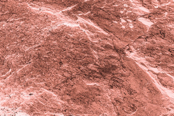 Vintage pink background. Rough painted wall of living coral color. Imperfect plane of beige colored. Uneven old decorative toned backdrop of beige tint. Texture of pink hue. Ornamental stony surface.