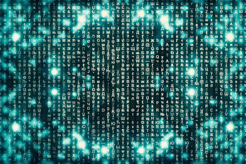 Blue matrix digital background. Abstract cyberspace concept. Characters fall down. Matrix from symbols stream. Virtual reality design. Complex algorithm data hacking. Cyan digital sparks.