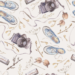 Watercolor hand drawn seamless pattern with dry herbs, sneakers, sun glasses and photo camera