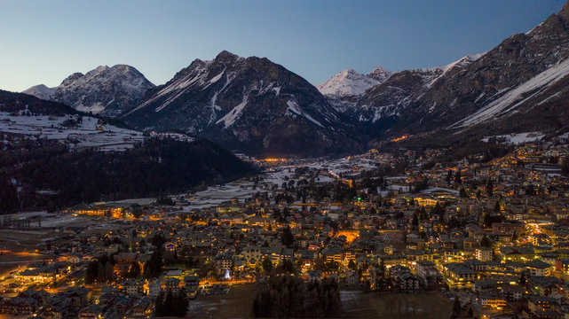View of Bormio from the top (Italian Alps) at sunset
