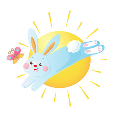 Happy bunny with butterfly and the sun on background