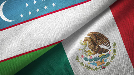 Uzbekistan and Mexico two flags textile cloth, fabric texture