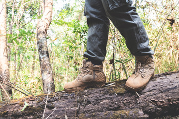 close-up hiking boots. male tourist steps on a login forest