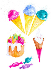 Set of different ice cream,candy and Easter cake with berries and fruits. Watercolor illustration isolated on white background