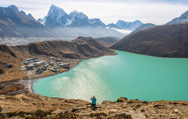 Beautiful view of Gokyo lake and Gokyo village (4,790 metres) view from Gokyo Ri (5,357 metres) the...