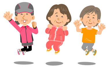 ジャンプするスポーツウェアを着た年配の女性