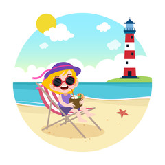 kid girl playing on the beach vector illustration