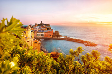 Panorama of Vernazza, national park Cinque Terre, Liguria, Italy, Europe. Colorful villages