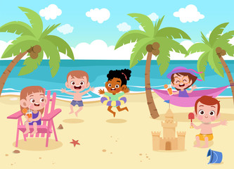 children playing on the beach vector illustration
