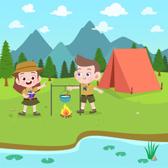 Fototapeta premium kids scouts at camp vector illustration