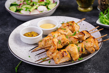 Grilled chicken kebab and salad with cucumber, radish, onion on a dark background.