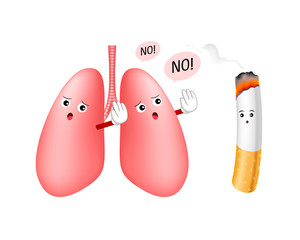 Cartoon lung character say no to cigarette. Smoking is harmful to human lung. Resulting in organ damage and premature. World No Tobacco Day.